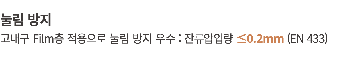 눌림 방지 고내구 Film층 적용으로 눌림 방지 우수 : 잔류압입량 ≤0.2mm (EN 433)