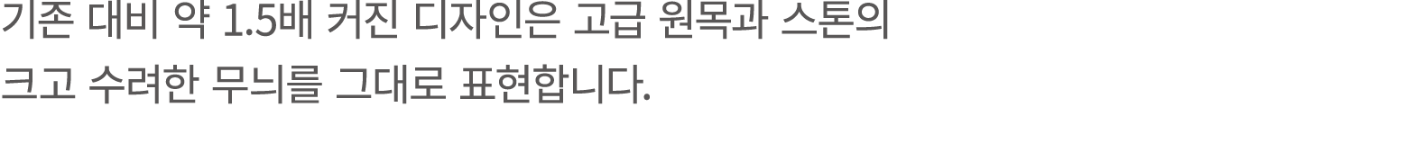 기존 대비 약 1.5배 커진 디자인은 고급 원목과 스톤의 크고 수려한 무늬를 그대로 표현합니다.