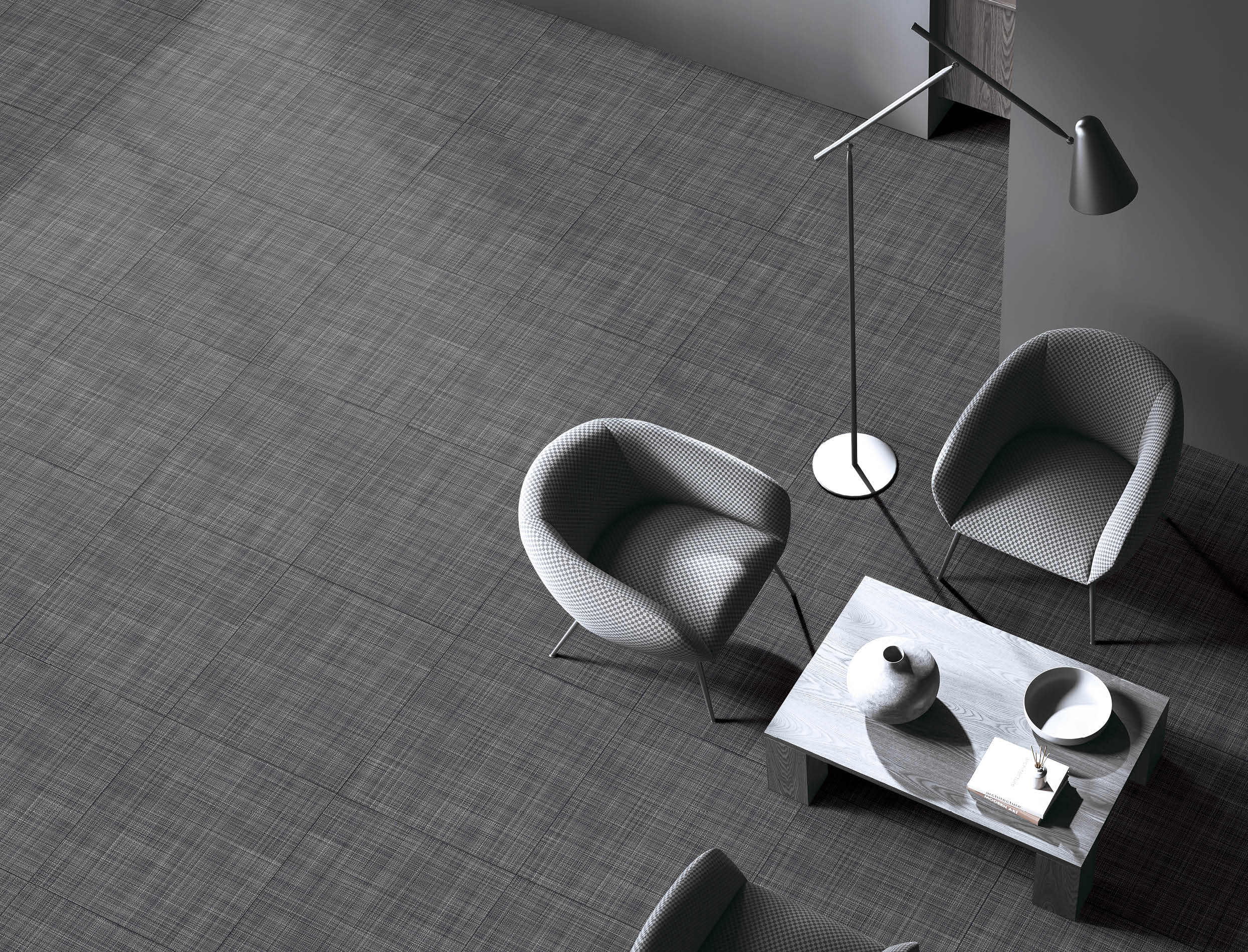 Top view of dark living room interior with soft armchairs, wooden coffee table with decoration and lamp. Relax place with minimalist furniture and panoramic window on tropics. 3D rendering