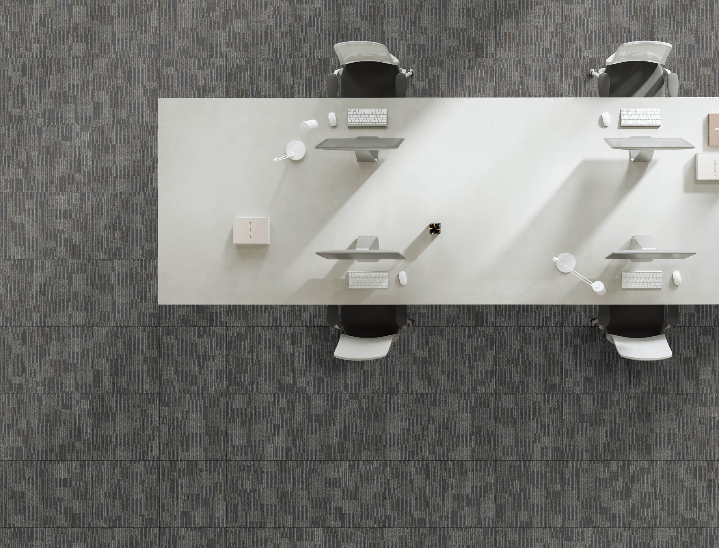 Top view of coworking interior with pc computers on shared desk, armchairs in row on light concrete floor. Minimalist workplace with technology and panoramic window. 3D rendering