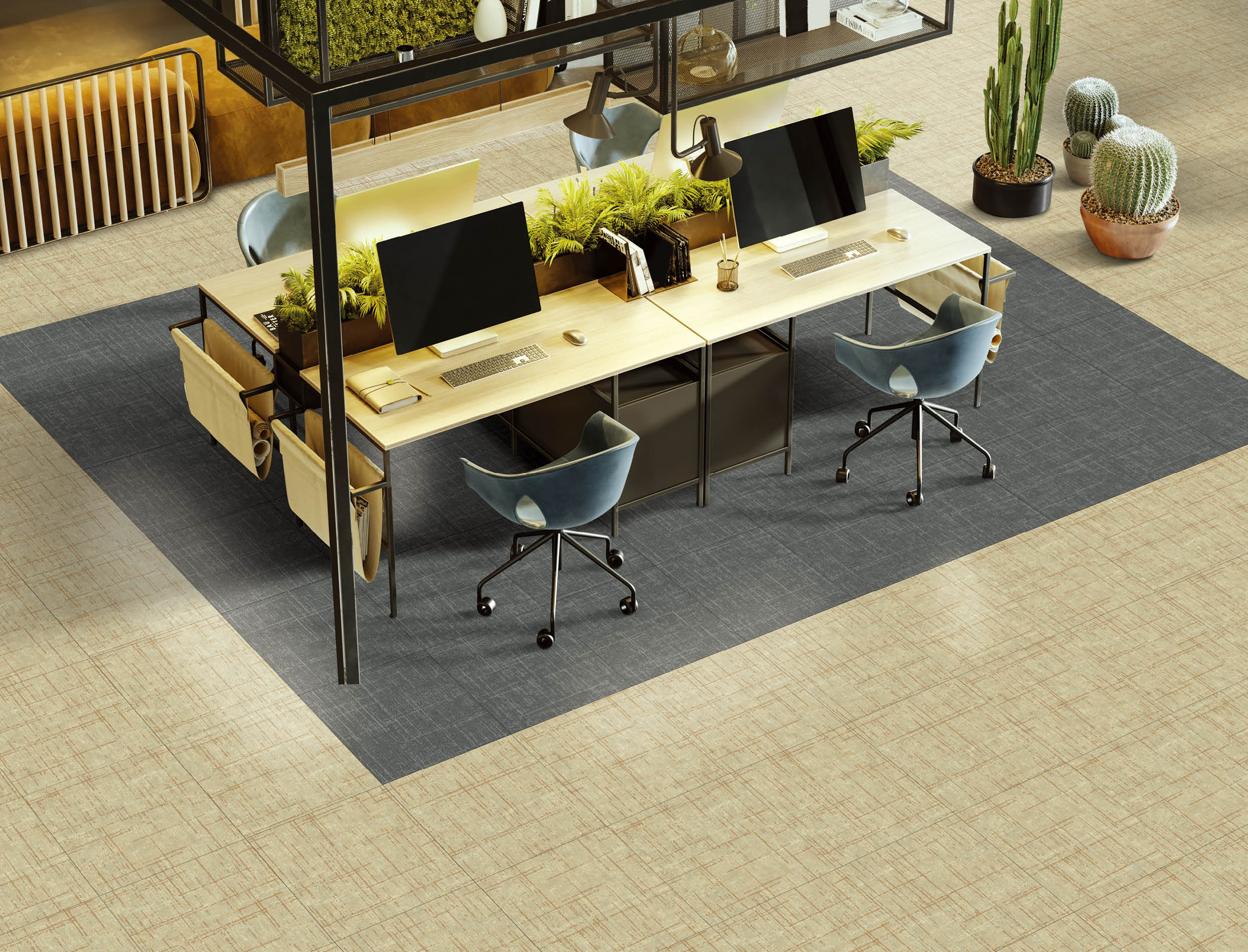 High angle view of coworking desks in the office with plants. Eco friendly office interior in 3D render