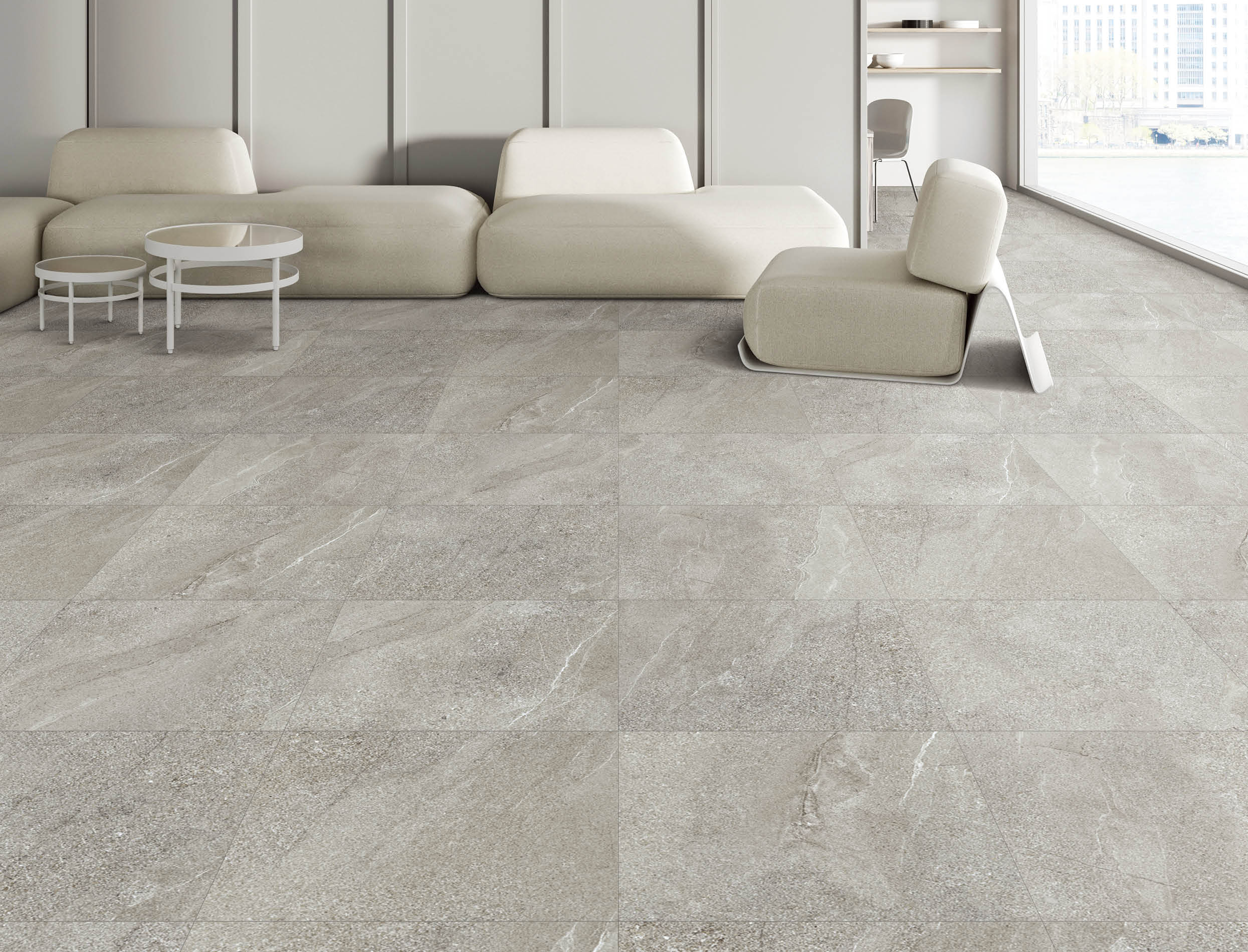 Light living room interior with soft place and eating zone, partition. Panoramic window on New York city view. Copy space empty wall. 3D rendering