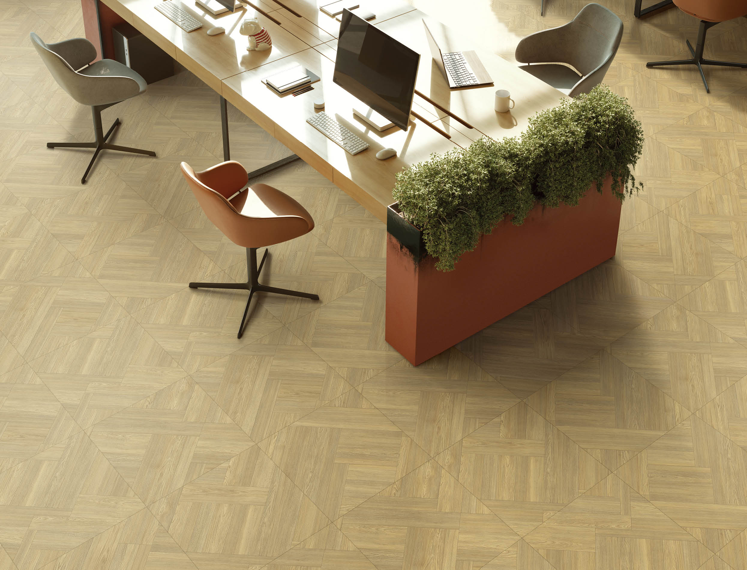 High angle view 3D image of an environmentally friendly coworking office space. Open plan office interior wth pants.