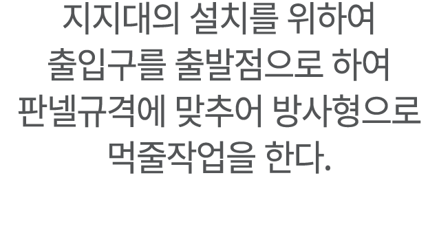 지지대의 설치를 위하여 출입구를 출발점으로 하여 판넬규격에 맞추어 방사형으로 먹줄작업을 한다.