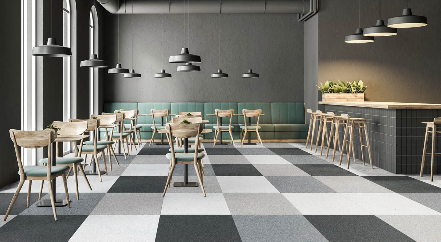 Industrial style cafe interior with dark gray walls, a concrete floor, arched windows and wooden tables with chairs  Green sofas  3d rendering mock up