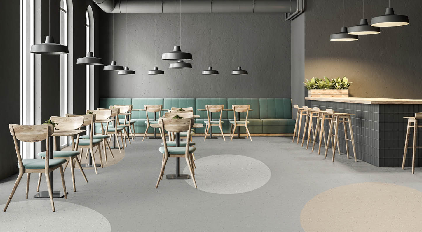 Industrial style cafe interior with dark gray walls, a concrete floor, arched windows and wooden tables with chairs  Green sofas  3d rendering mock up